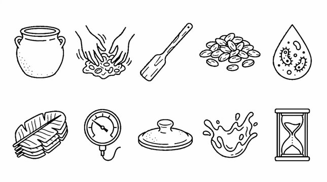 A collection of hand drawn icons representing food preparation and fermentation processes.