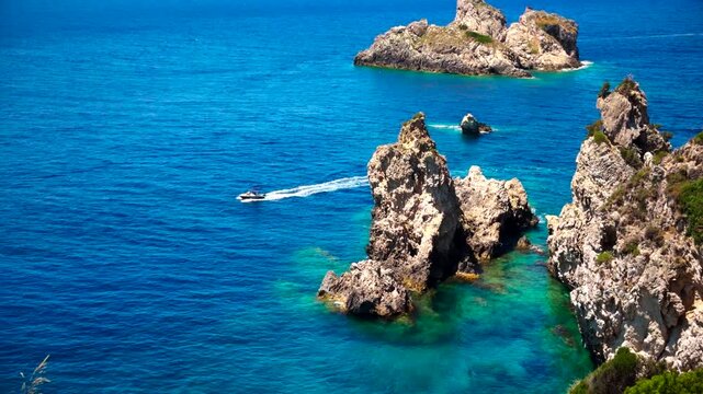 Motorboat Sailing Near Rocky Cliffs In Turquoise Blue Sea Water. Summer Vacation. Travel Resort 