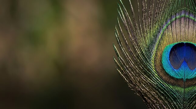 Vibrant iridescent peacock feather on a blurred dark background