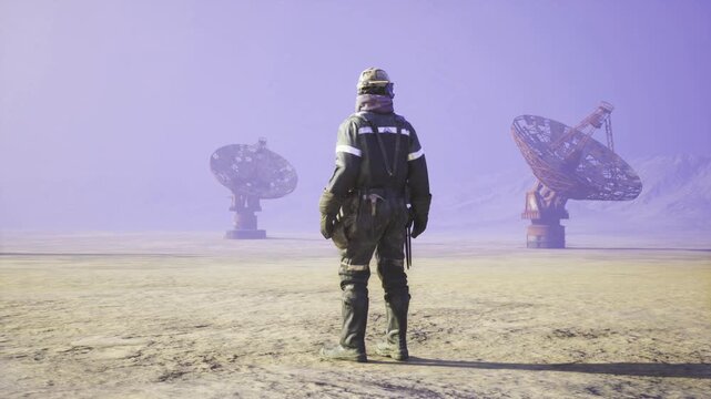 Operator pursues mysterious signal across barren plain toward radio dishes, static interference, tense posture, small instrument glowing, low violet sky, sense