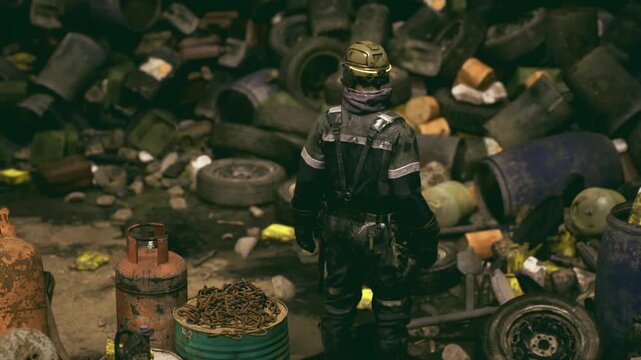 Hazard worker facing rusted landfill, moody low light, reflective stripes on protective suit, scattered drums and crushed cans, mud and standing water, worn