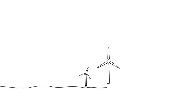 Continuous one line wind energy art drawing windmill sustainable renewable. wind energy art power vector solar farm sketch icon mill turbine panel environment outline green plant illustration sun