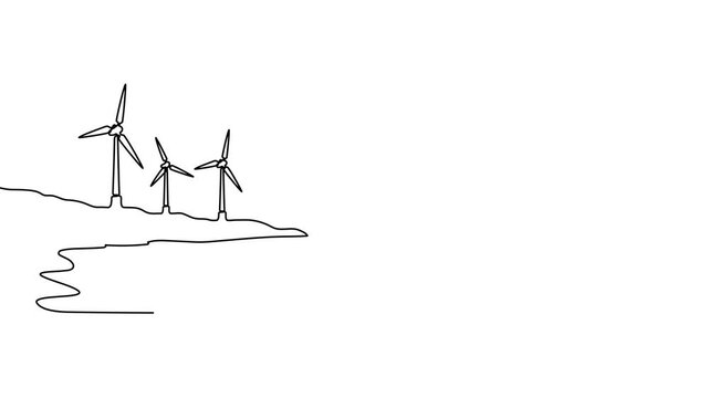 Continuous one line wind energy art drawing windmill sustainable renewable. wind energy art power vector solar farm sketch icon mill turbine panel environment outline green plant illustration sun