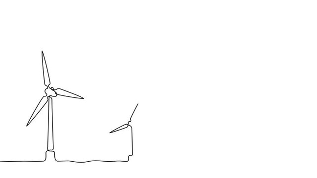 Continuous one line wind energy art drawing windmill sustainable renewable. wind energy art power vector solar farm sketch icon mill turbine panel environment outline green plant illustration sun