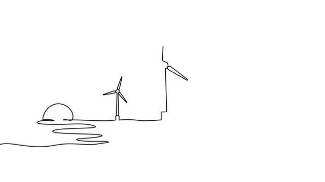 Continuous one line wind energy art drawing windmill sustainable renewable. wind energy art power vector solar farm sketch icon mill turbine panel environment outline green plant illustration sun