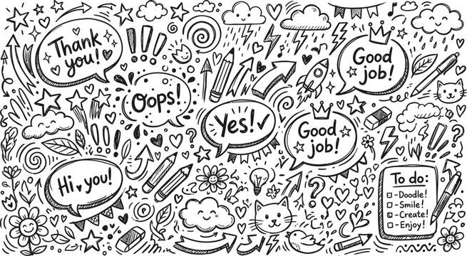 Hand drawn doodle background featuring various speech bubbles with positive phrases and creative sketches on a white paper texture