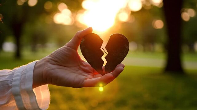 Hand holding a broken heart symbol against a sunlit park background symbolizing heartbreak and loss