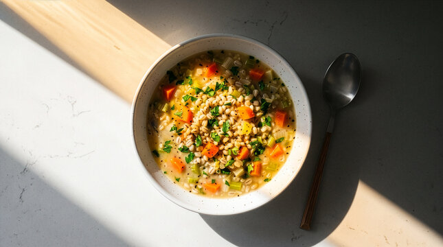Hearty Barley Soup with Carrots and Celery in a Bowl with Spoon on Countertop