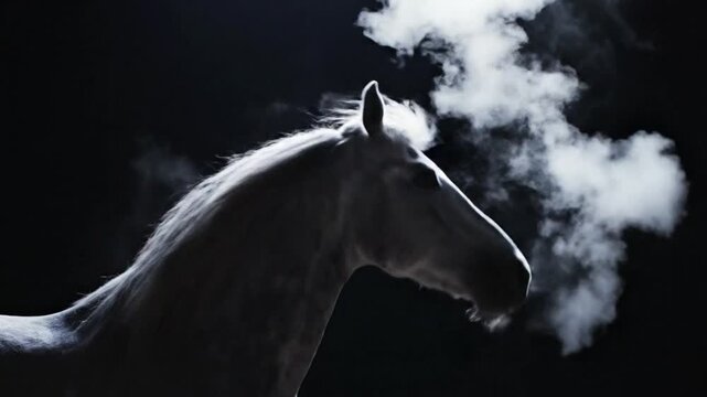 Dramatic portrait of a white horse exhaling in the dark with a backlit mane and body silhouette