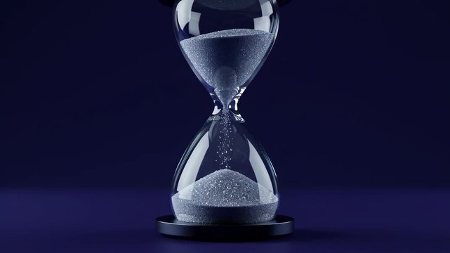 Glass Hourglass With Sand On Dark Blue Background.