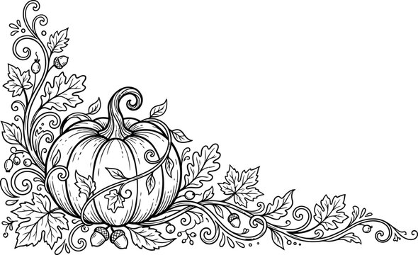 A beautiful black and white line art illustration featuring a central pumpkin surrounded by elegant decorative swirls, oak leaves, and acorns in corner design