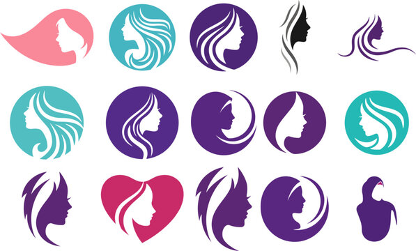 Elegant Woman Profile Icons Set in Circles and Heart Shapes with Flowing Hair