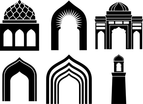 Islamic architecture silhouettes including domes arches and minarets in a clean graphic style