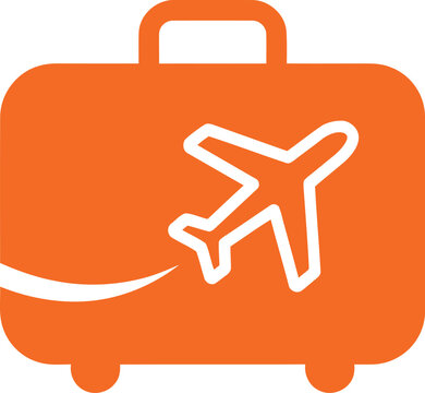 Orange suitcase with white airplane silhouette traveling across a white swoosh against a plain background