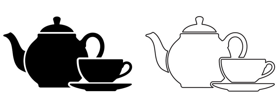 Tea pot and tea cup set icons in solid and line art styles with beverage breakfast porcelain steeping