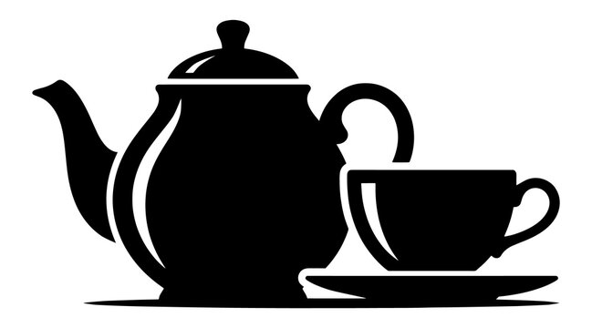 Classic teapot and tea cup silhouette for cafe and tea room branding with beverage breakfast porcelain