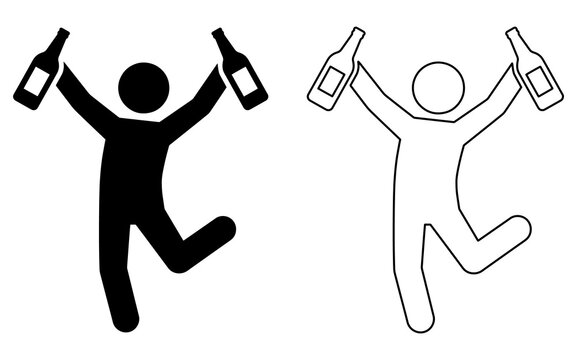 Black and white icon of a happy person jumping for joy while holding up two celebratory bottles