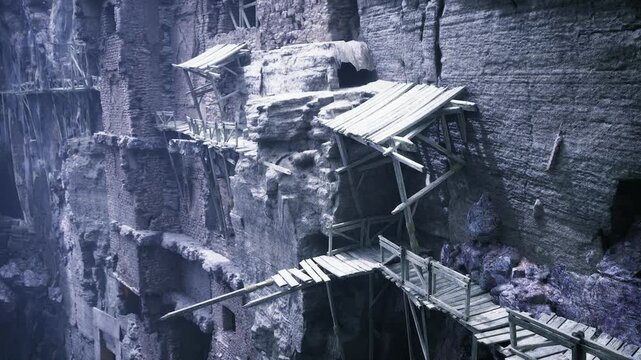 Lonely crossing over eroded canyon path, rickety planks and ropes, muted violet light and sharp rock faces, feeling of endurance, hazard and solitary