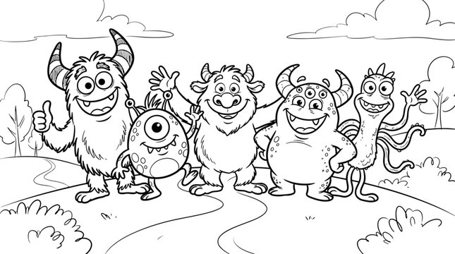 A delightful black and white coloring page featuring a group of four friendly and whimsical cartoon monsters standing together in a peaceful outdoor landscape