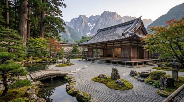 Zen Garden Serenity: A tranquil Japanese Zen garden with a meticulously raked sand landscape, moss-covered rocks, a small bridge over a serene pond, and traditional temple architecture.