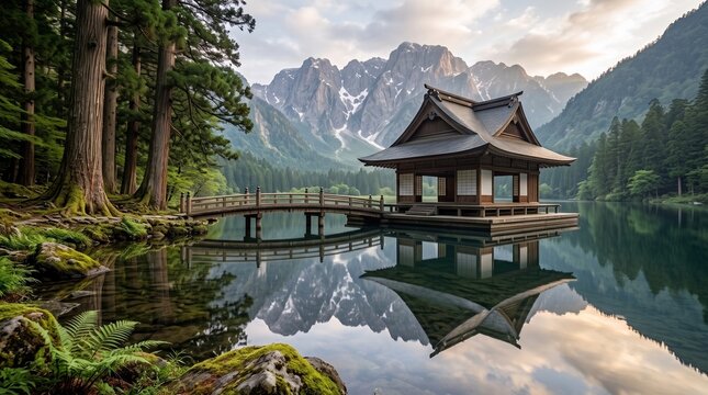 Serene Japanese Temple Over Lake: An exquisite Japanese temple, perched above a tranquil lake with stunning mountain backdrop and reflection, evokes a sense of peace and spiritual contemplation.