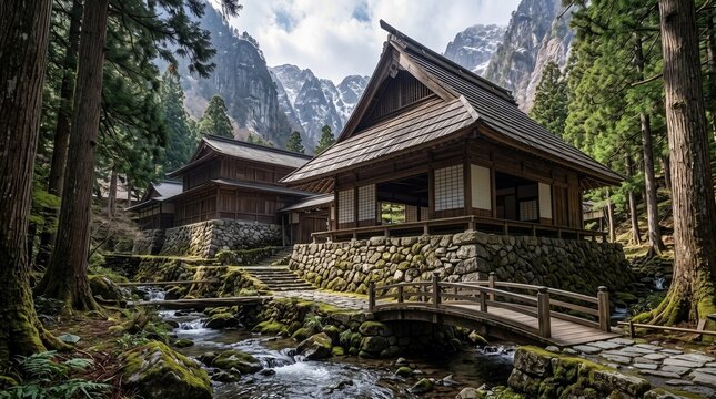 Tranquil Mountain Shrine: A serene Japanese shrine nestled amidst a dense, verdant forest with a clear mountain stream flowing nearby, overshadowed by majestic snow-capped peaks.