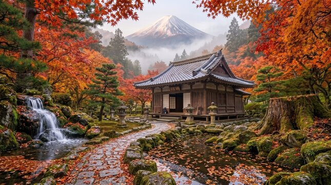 Autumnal Serenity in Japan: A tranquil Japanese temple rests amidst a vibrant landscape of fiery autumn foliage.