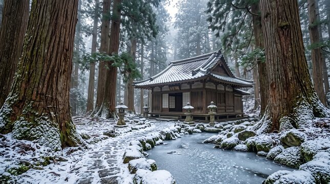 Tranquil Winter Shrine: An ancient Japanese shrine nestled deep within a snow-covered cedar forest, with a frozen stream gently flowing beside a stone path.