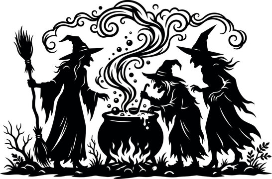 A detailed black and white silhouette illustration featuring three mysterious witches gathering around a bubbling cauldron in a dark forest setting for Halloween night