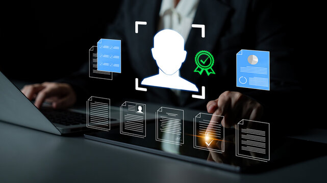 Conceptual representation of digital identity verification process with biometric authentication technology and document management on a laptop Haptic.