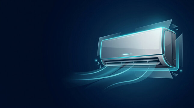Modern Split Air Conditioner System Illustration with Cool Air Flow Effect on Dark Background