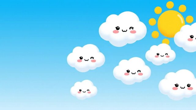 Cute cartoon clouds and smiling sun animated across a bright blue sky background to represent the weather and happiness