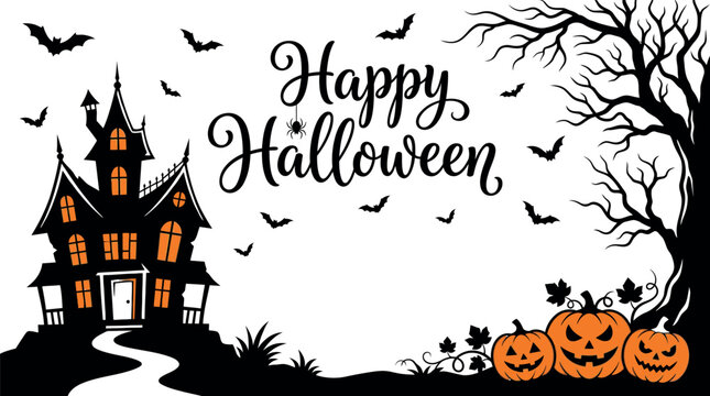 A festive Halloween illustration featuring a spooky haunted house, a bare tree, glowing jack-o-lanterns, and flying bats against a clean white background for seasonal design.