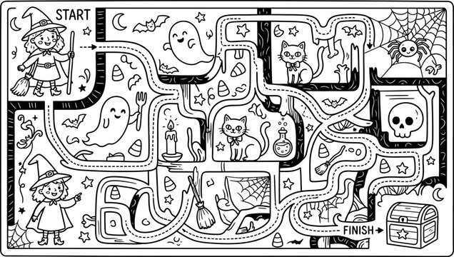 A fun and engaging black and white Halloween themed maze activity sheet featuring a cute witch guiding children through a spooky puzzle to finish