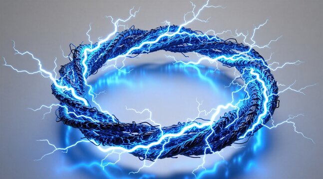 Thick blue cable forms circle shape. Bright blue electricity sparks surround twisted wire. Energy flow creates light effect, glowing circle in studio.
