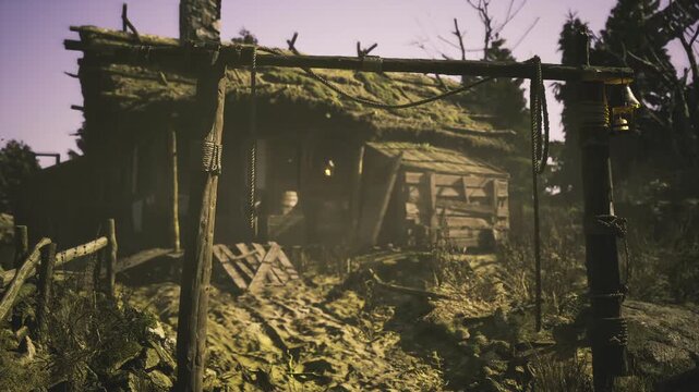 A rustic cabin with a moss covered roof rests quietly in a dense forest clearing. Twisted trees surround the weathered structure as twilight settles, casting a magical ambiance.