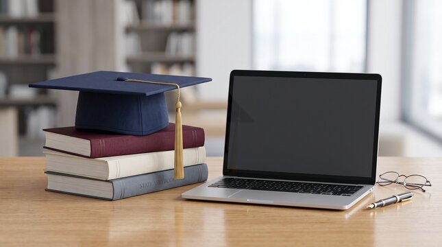 Graduation cap on books next to laptop and glasses symbolizing education and learning
