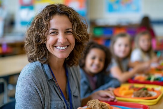 School wellness coordinator engaging with elementary students during healthy lunch