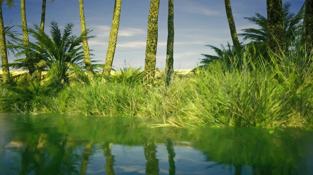 Oasis fringe where green meets sand at farafra, tall palms lining reflective pool with distant dunes under clear sky, evocative contrast between arid desert