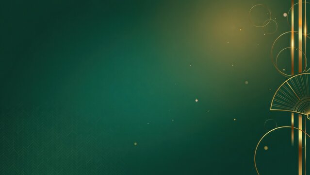 Elegant dark teal and gold art deco inspired abstract design with shimmering circles and luxurious fan patterns