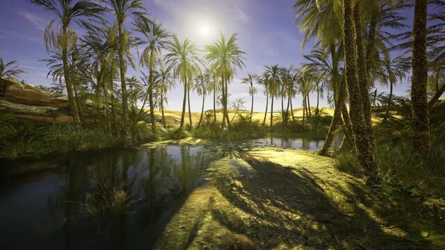 Tafilalt oasis golden light over water at sunset, warm glow outlining palm silhouettes, long shadows stretching across sand and shallow pools, tranquil mood