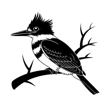 Black and white illustration of a kingfisher bird perched on a branch isolated on white background