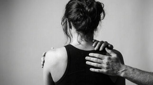 Close up rear view of a young woman experiencing emotional stress being comforted by a supportive hand on shoulder