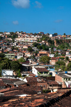 Vista panor&acirc;mica do bairro da Bomba do Hemet&eacute;rio, no Recife, destacando a ocupa&ccedil;&atilde;o urbana em &aacute;rea de morro, com casas coloridas, vegeta&ccedil;&atilde;o e o cotidiano da capital pernambucana.