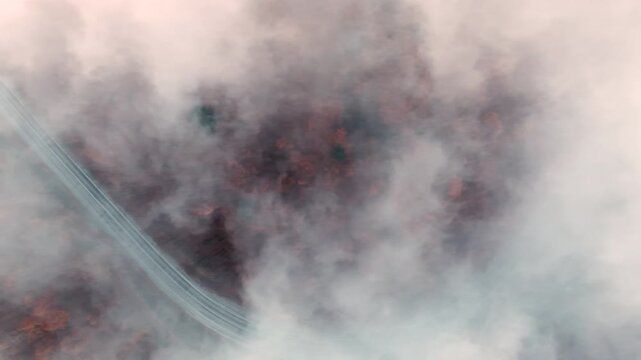 Top-down drone shot of a curving road disappearing into low clouds and fog