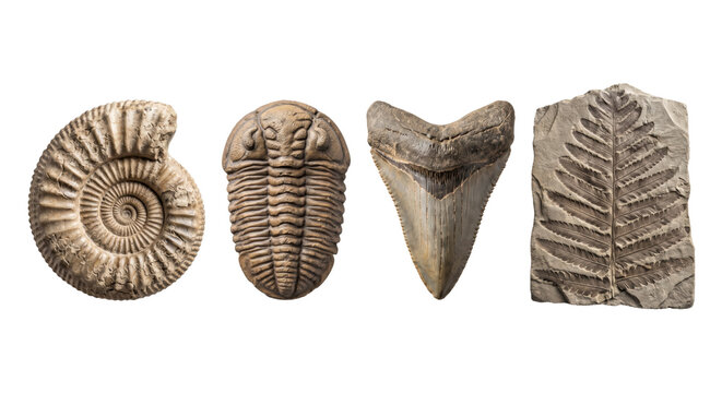 Collection of ancient prehistoric fossils and artifacts isolated