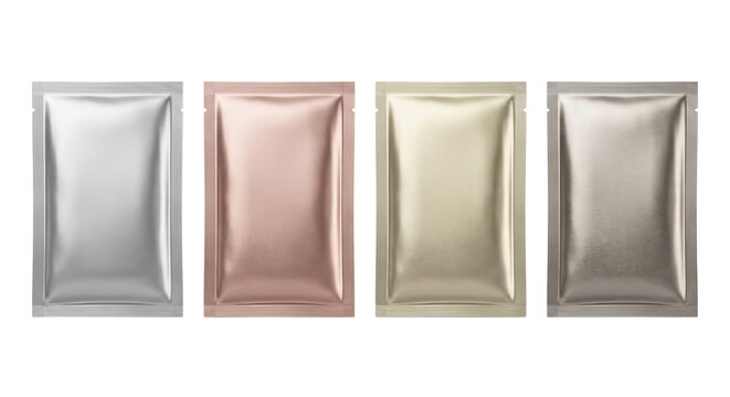 Collection of blank metallic foil cosmetics pouch mockups isolated
