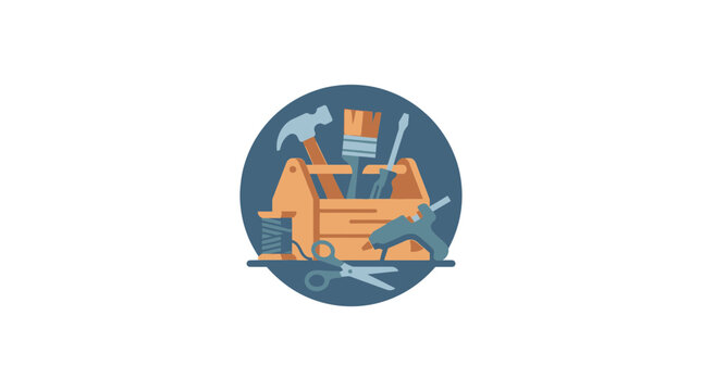 Circular toolbox icon containing hammer and hand tools.