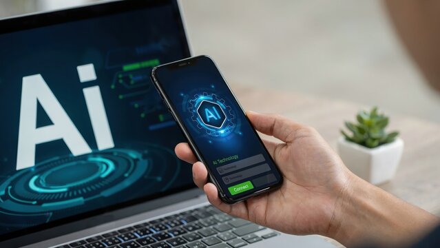Person holding smartphone with AI interface next to laptop displaying AI logo