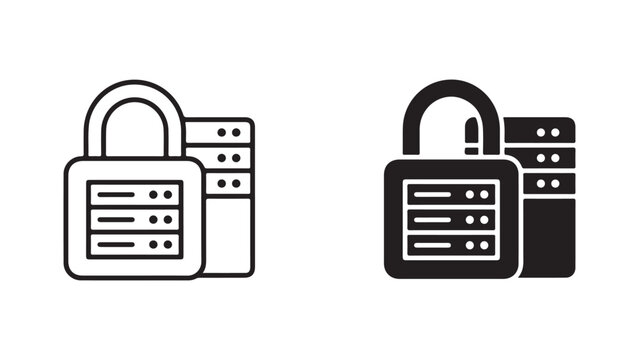 Secure server data protection icons. Cyber security padlock with database storage symbols.